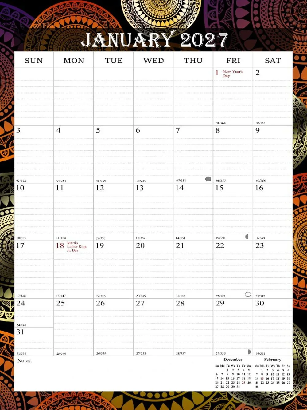 2027 Wall Calendar Spiral-bound Twin-Wire Binding - 12 Months 8.5